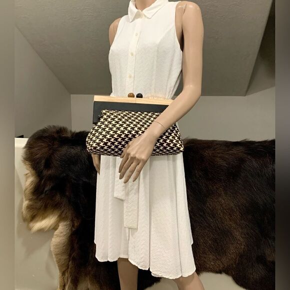 Houndstooth Real Hair-on-horsehide Handmade Wooden Frame Clutch/Shoulder Bag - Picture 3 of 15